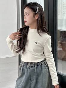 DAZY Tween Girls Crew Neck Knit Thermal Lined Bow Print T-Shirt, Autumn Long Sleeve Tops Women - Beige - View 2