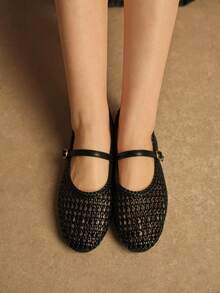 Rosivie Zapatos planos de material trenzado de PU, zapatos elegantes de estilo de oficina para ir y venir - Negro - Ver 2