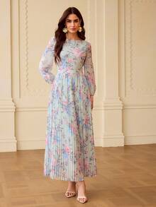 ZEYLAH Fashionable Printed Pleated Women Dress - Blue - View 3