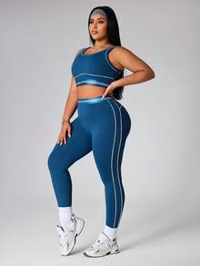 Rhythm Era Plus Size 2pcs Contrast Trim Women Sports Bra And Leggings  Set - Dark Green - View 5