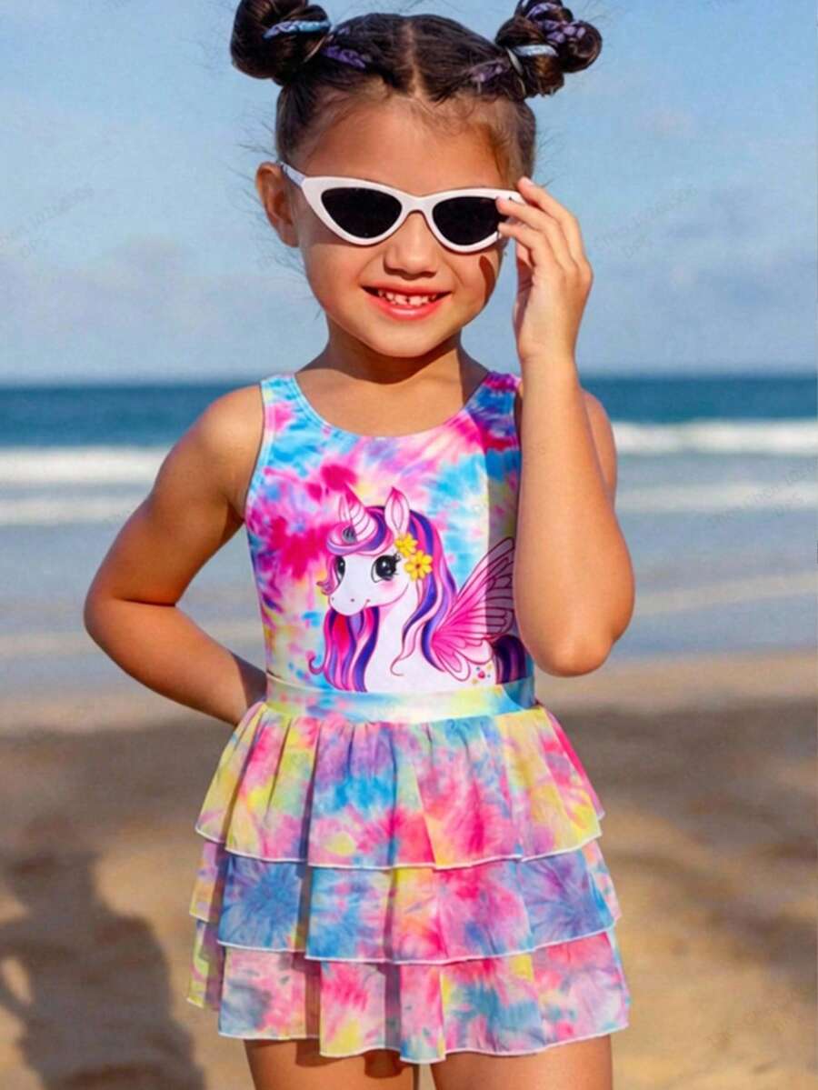 SHEIN 女童扎染卡通印花连体泳衣带裙套装 - 彩色 - 查看 1