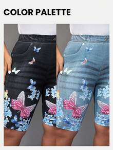 EMERY ROSE Leggings cortos informales con estampado de mariposa para mujer de talla grande - Negro - Ver 3