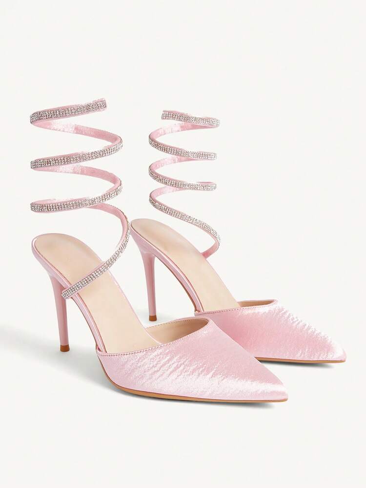 CUCCOO HITCHD Sexy Rhinestone Winding With Pink High Heels, Women's New Stiletto Pointed Banquet Party Dress Shoes Wedding Shoes Spring Shoes Bride Shoes