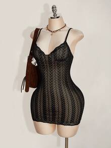 SHEIN ICON Women's Lace Fitted Sexy Spaghetti Strap Mini Dress - Black - View 4