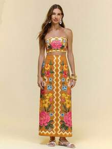 CAJUNI Women's Casual Vacation Elegant Yellow & Fuchsia Floral Peony & Lily Print Strapless Sleeveless Skirt 2-Piece Set, Date Outfit, Graceful Casual 2-Piece Set - Brown - View 4