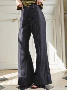 lacRébo 女士前缝细节深色棉质牛仔喇叭裤 秋季女装 办公室穿搭 秋季女装 - 深色水洗藍 - 查看 4