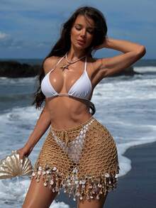 Swim SXY 女士亮片珍珠镂空披肩罩衫及半裙套装 - 卡其色 - 查看 3