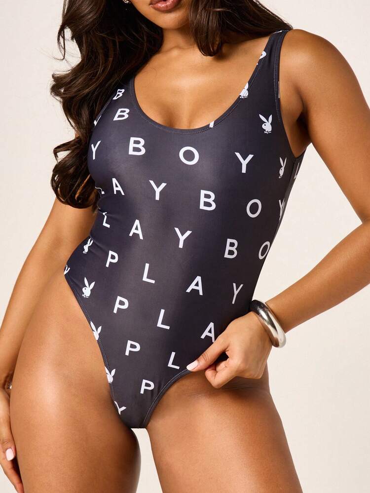 Missguided x Playboy Women's All Over Print Black One Piece Swimsuit With Scoop Neckline And Cross Back Straps Summer Beach Vacation Pool