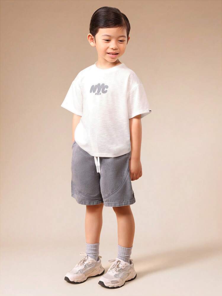 Boys Summer Washed T-Shirt And Shorts Co-Ord Set With NYC Print Casual Two Piece Outfit