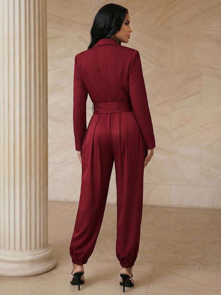 2pcs Women's Elegant Solid Color Lapel NeckLong Sleeve Jacket And Pants Suit, Commuter Outfit