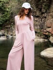 Medorelle 女士纯色圆领长袖阔腿宽松连体裤 - 粉色 - 查看 5