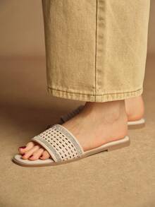 Rosivie Women's Rhinestone Hollow Strap Casual Comfortable Flat Sandals, Square Toe Design For Commuting - Apricot - View 4