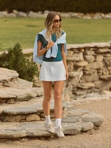 GLOWMODE FeatherFit™-Air Ace Your Flow Buttery-Soft Quick-Dry Sweat-Wicking Contrast Piping Built-In Shorts Anti-Slip Grips Tennis Embroidery A-Line Mini Skirt Tennis Golf Pickleball Daily Casual Wear - White - View 6