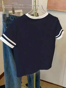SHEIN Women's Contrast Trim Embroidered Round Neck Casual Short Sleeve T-Shirt - Navy Blue - View 2