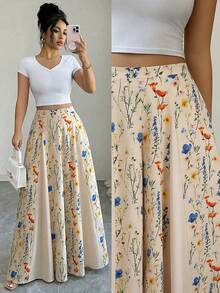 Elenzga Women's Elegant Printed A-Line Skirt Pants, Suitable For Outings, Vacations And Commuting In Spring And Summer - Multicolor - View 5