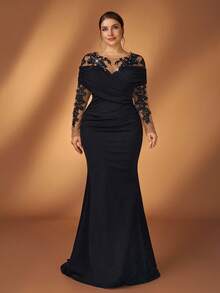Serin Robe de soirée élégante et luxueuse de grande taille avec appliqués, manches plissées et volantées, coupe sirène. Convient pour les soirées, galas, mariages, mères de mariée. Robe de cérémonie noire élégante, robe de cocktail noire à manches longues, robe de mariée noire en dentelle, robe élégante pour femme - Noir - Voir 8