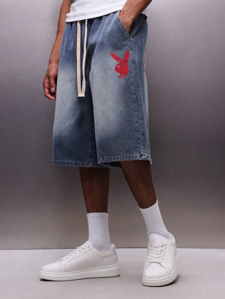 PLAYBOY X SUMWON Vintage Washed Denim Jorts With Logo Drawstring Waist Knee Length Baggy Wide Leg Summer Casual Street Style Pull On Shorts