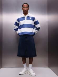 PLAYBOY X SUMWON Men's Long Sleeve Horizontal Striped Rugby Polo Shirt With Bunny Logo Regular Fit Collared Top Casual Wear - Blue and White - View 3