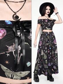 ROMWE Spring/Summer Vacation Flower Gothic Dark Magic Plant Potion & Butterfly Crystal Print Off-Shoulder Cropped Top And Skirt Set For Women - Black - View 11