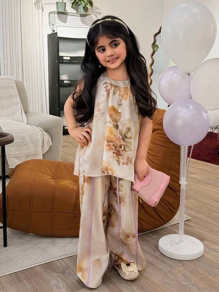 Young Girl Elegant Floral Print Sleeveless Shirt And Pants Set, Summer