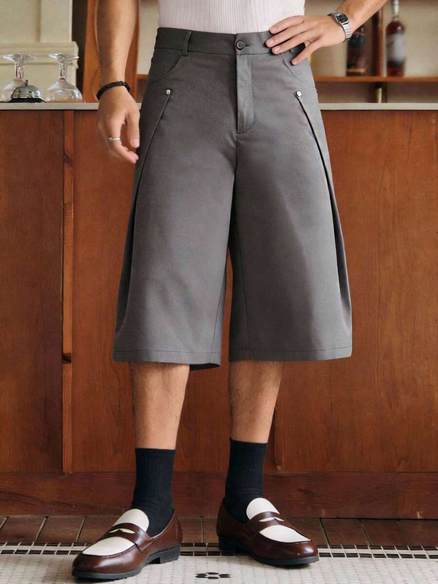 SWAVVY Men's Solid Color Straight Loose Fit Shorts With Belt Loops, Versatile & Minimalist - Grey - View 1