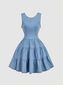SHEIN MOD Women's Summer Casual Ruffled Hem Sleeveless Denim Dress - Blue - View 3