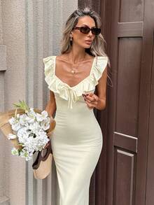 Pariaura 2026 Summer New Sweet Tie Ruffle Hem Dress, Soft Comfortable Fabric In Pale Yellow, Romantic Vacation Style, Wide Collar With Ruffle Trim, Adjustable Ruffle Shoulder Straps, Backless Lace-Up Design, Bow Accent On Front, Slimming Fit, French Elegant Dress, Romantic Vacation Dress, Ins-Inspired Dress Cream Maxi Dress Elegant Maxi Dress Ruffle Maxi Dress Elegant Summer Dress Elegant Spring Dress - Cream - View 7