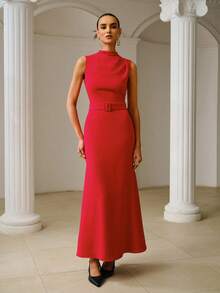 ZEYLAH Elegant Sleeveless Waist Cinched Dress, Spring/Summer - Red - View 4