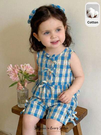 Cozy Pixies Baby Girl Cute Summer Casual Blue & White Contrast Yellow Floral Plaid Bow Sleeveless Top And Elastic Waist Shorts Set