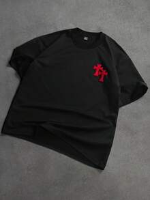 Manfinity Roughcore Men's Cross Embroidery Round Neck Short Sleeve Casual Versatile T-Shirt Goth Shirt Men Cross Shirts - Black - View 3
