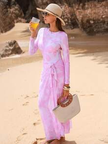 Swim Shayni Women's 3-Piece Set: Pink Floral Print Long Sleeve Half-Zip Jumpsuit, Pale Pink Pants, And Mesh Maxi Skirt Burkini - Multicolor - View 6