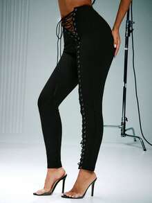 Denimoi Sexy Lace Up High Rise Skinny Leg Pants Sexy Outfits Clubwear Concert Outfits - Black - View 4