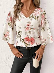 SHEIN Clasi 女士优雅通勤印花喇叭袖衬衫 - 杏色 - 查看 5