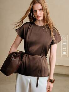 Revavyn Revavyn Áo sơ mi nữ Tencel dáng chữ H cổ tròn tay cánh dơi xếp ly thắt eo kiểu dáng thường ngày/công sở - màu nâu - Xem 1