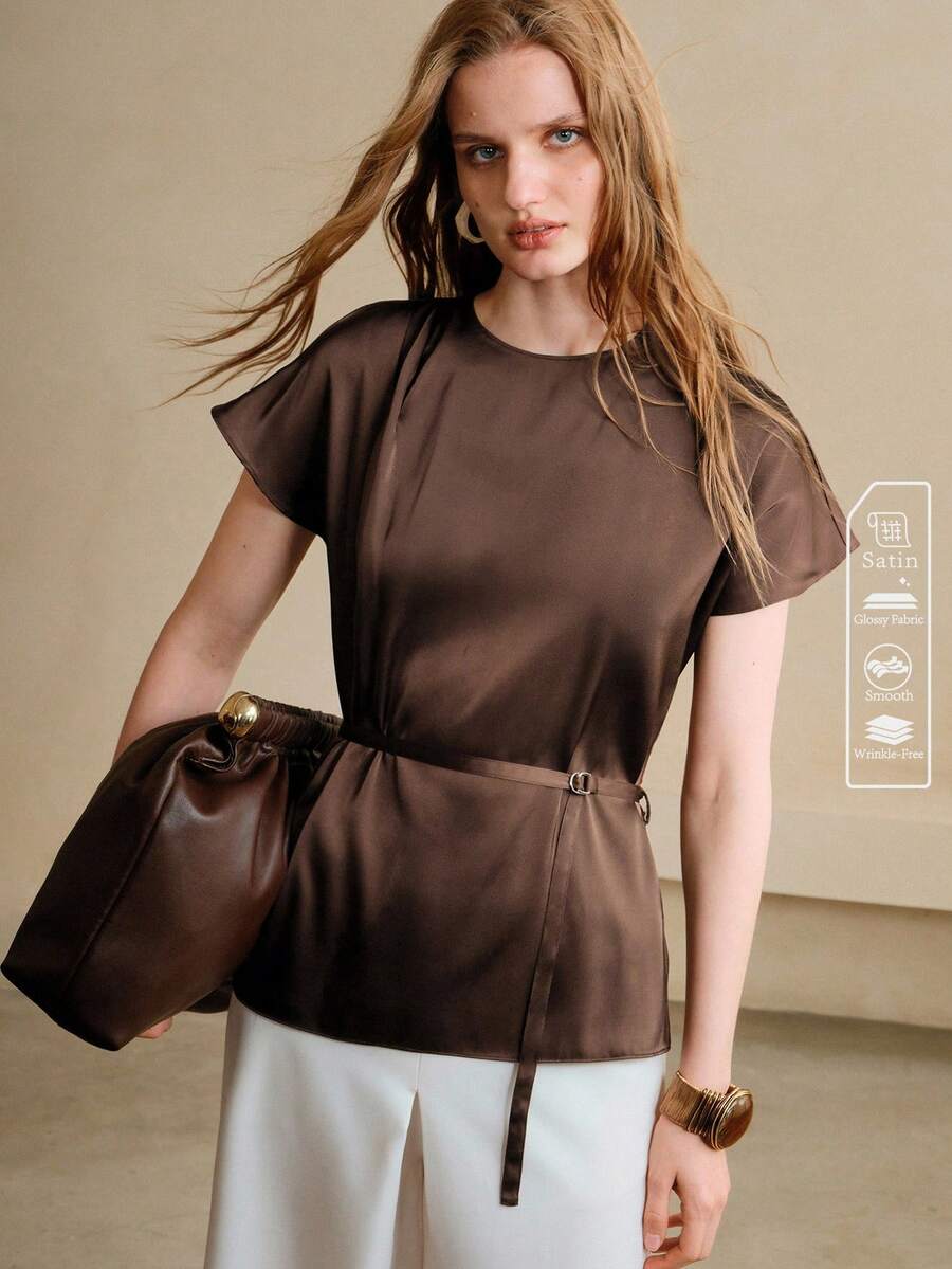 Revavyn Revavyn Áo sơ mi nữ Tencel dáng chữ H cổ tròn tay cánh dơi xếp ly thắt eo kiểu dáng thường ngày/công sở - màu nâu - Xem 1