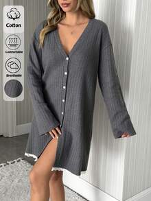 SHEIN Women Cotton Rib Knit With Cıntrasy Colourlace Detail Button Front Detail Long Sleeve Long Comfort Homewear Lounge Robe - Grey - View 1