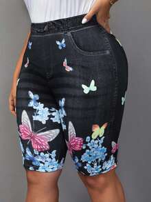 EMERY ROSE Leggings cortos informales con estampado de mariposa para mujer de talla grande - Negro - Ver 6