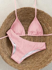 Swim Vcay 2026 Spring/Summer Women's Spaghetti Strap Halter Neck Black Base White Polka Dot Random Print Sweet Cute Side High Cut Bikini Swimwear 2-Piece Set Vacation Bikini Set Pink Bikini Set High Leg Bikini Set Modest Bikini Set Bikini Set - Pink - View 1