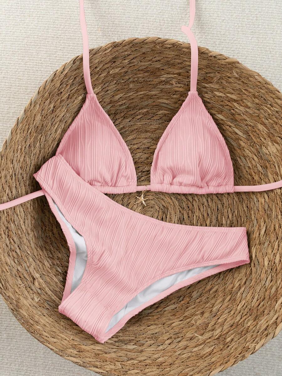 Swim Vcay 2026 Spring/Summer Women's Spaghetti Strap Halter Neck Black Base White Polka Dot Random Print Sweet Cute Side High Cut Bikini Swimwear 2-Piece Set Vacation Bikini Set Pink Bikini Set High Leg Bikini Set Modest Bikini Set Bikini Set - Pink - View 1