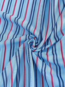 Swim Oasis New Arrival Elegant 2pcs Bikini Set, Y2k Preppy Collegiate Style Nautical Stripe Sweetheart Neck Tie Front One Piece Swimsuit With Ruffled Wrap Maxi/Long Skirt/Dress, Sarong Cover Up Set, Spaghetti Strap Tummy Control Bathing Suit, Red White Blue Striped Beachwear, 4th Of July Vacation Outfit, Resort Swimwear, Pool Party Essential, Tie Waist Cover Up Skirt, Summer Beach Fashion Vacation - Blue - View 6