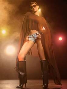 Hauture Women's Sexy Round Neck Asymmetrical Shawl Draped Mesh Top - Brown - View 3