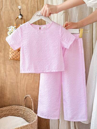 SHEIN Vintaside Kids 女童两件套：纯色时尚休闲短袖衬衫 + 松紧腰阔腿裤，夏季