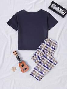 Tween Boy Letter Print Crew Neck Short Sleeve Top And Plaid Pants Pajama Set - Navy Blue - View 2