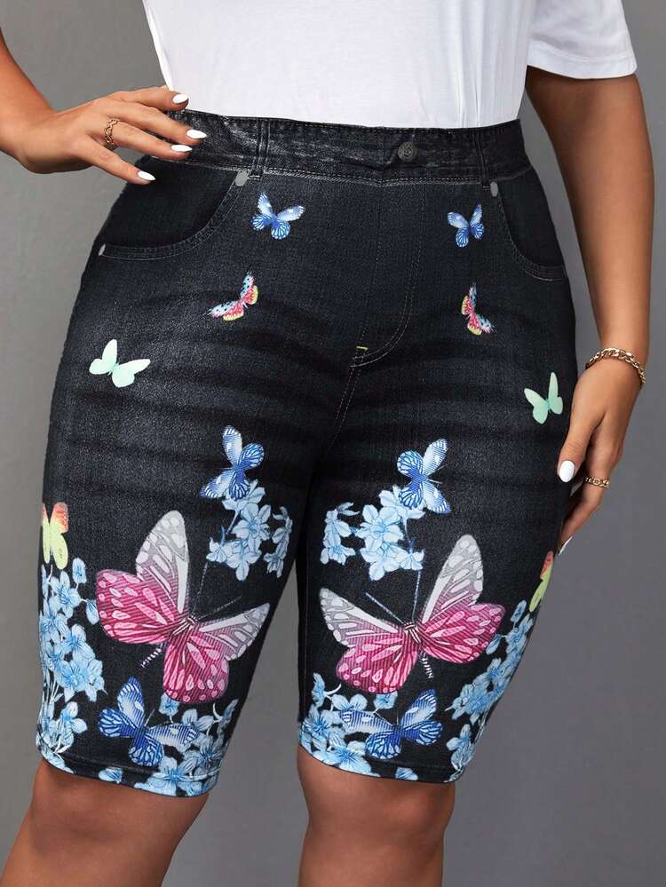 Plus Size Women Butterfly Print Casual Short Leggings