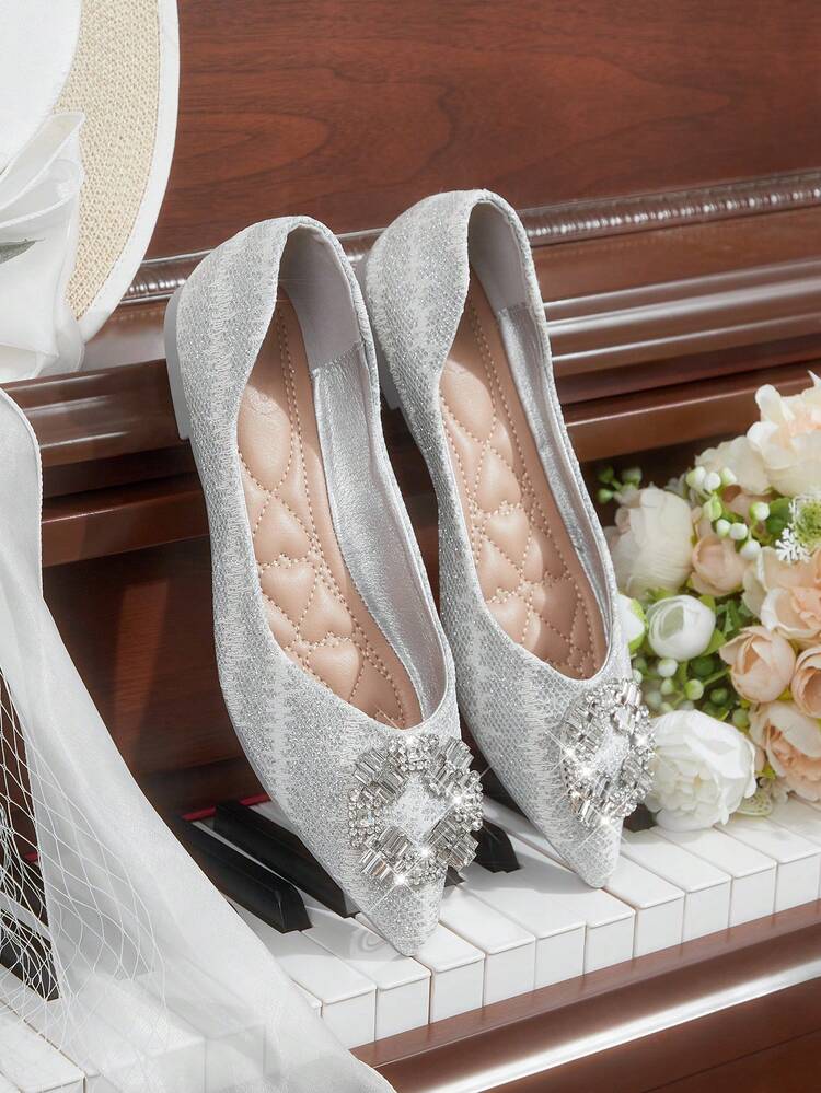 CUCCOO HITCHD New Rhinestone Bow Knot Pointed Toe Flats, Elegant Fashion Comfortable Versatile Charming Black Shoes Wedding Shoes Spring Shoes Bride Shoes
