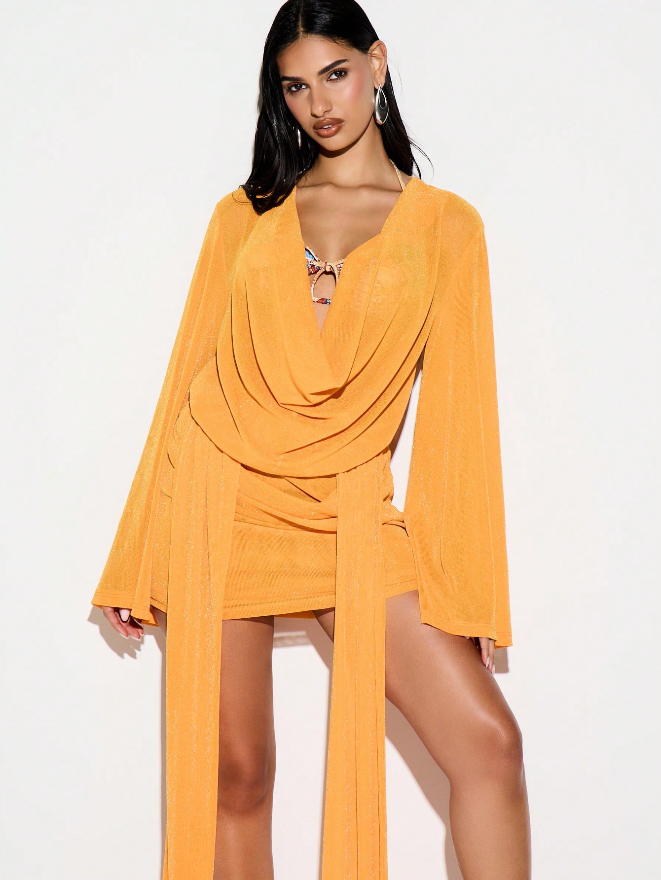 KIZN Cowl Neck Sparkle Mini Dress With Draping