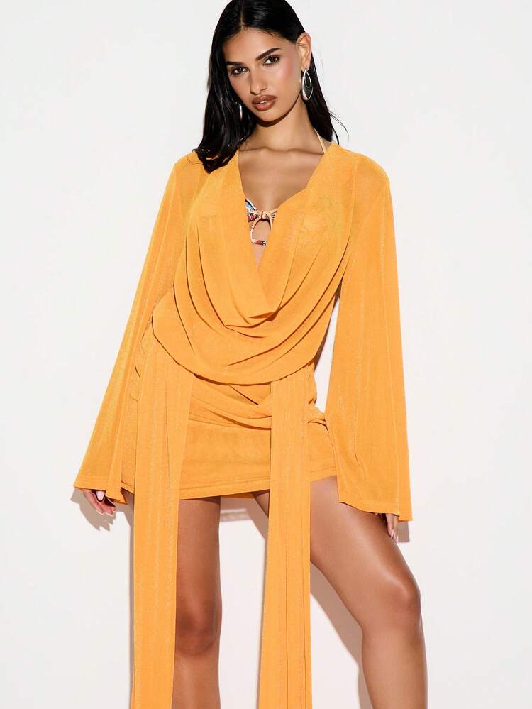 KIZN Cowl Neck Sparkle Mini Dress With Draping