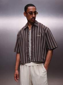 PLAYBOY X SUMWON Men's Striped Short Sleeve Button Down Shirt With Bunny Print Regular Fit Collared Casual Summer Top - Brown - View 2