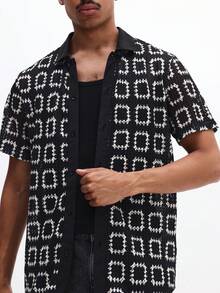 SUMWON 男士几何圆形图案短袖衬衫，夏季休闲款 - 黑色 - 查看 4
