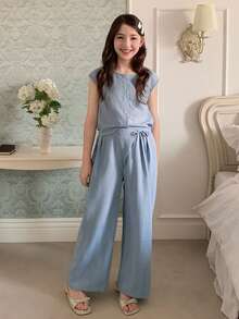 DAZY Conjunto de blusa de cuello redondo y pantalones de pierna ancha para niñas preadolescentes - Azul - Ver 2